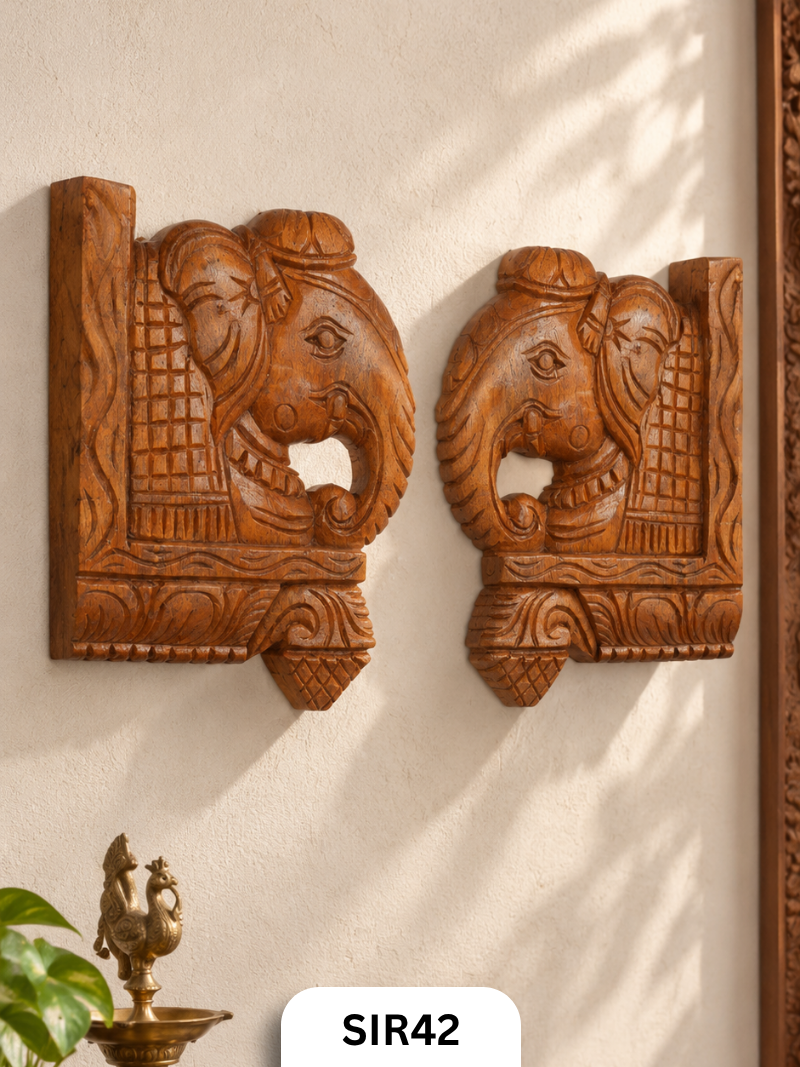 Wooden Elephant Head Wall Panel Decor - Height 10" Inch, Width 6"Inch
