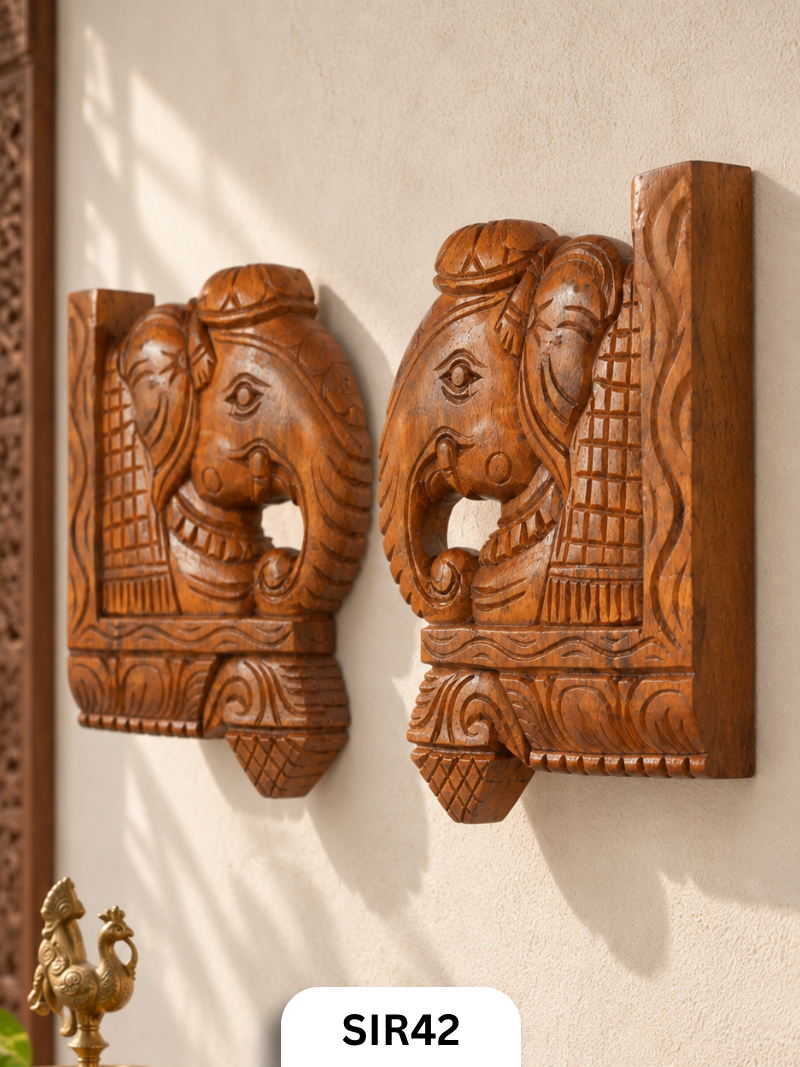 Wooden Elephant Head Wall Panel Decor - Height 10" Inch, Width 6"Inch