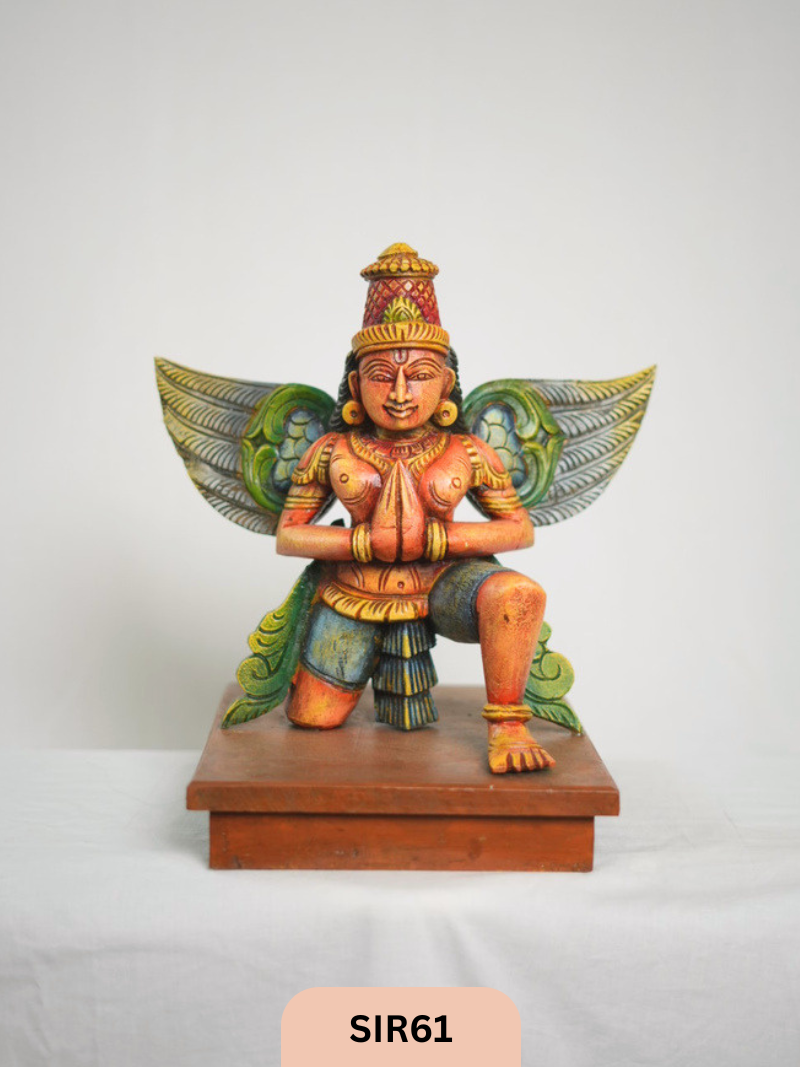 The Winged Devotee | Majestic Garuda Vahana in Polychrome Wood (mahogany) - Height 16" INCH, WIDTH 15"INCH