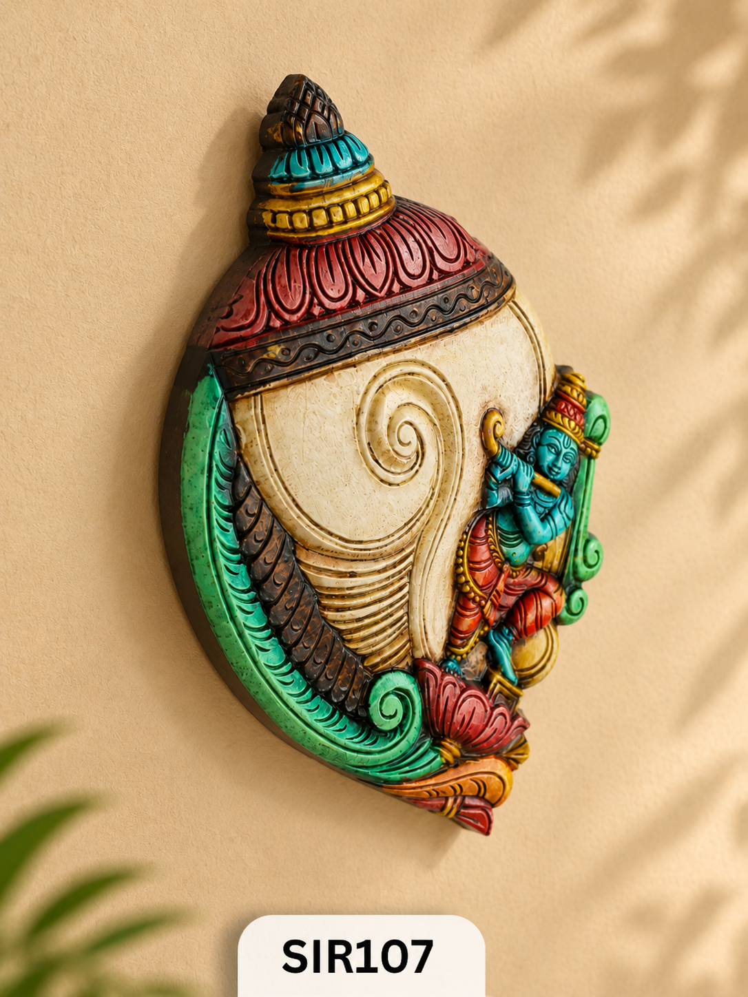 Premium Handcrafted Krishna Shankh Wooden Wall Hanging  Jodhpur Hand-Painted Wall Decor | W:11.5 H:16