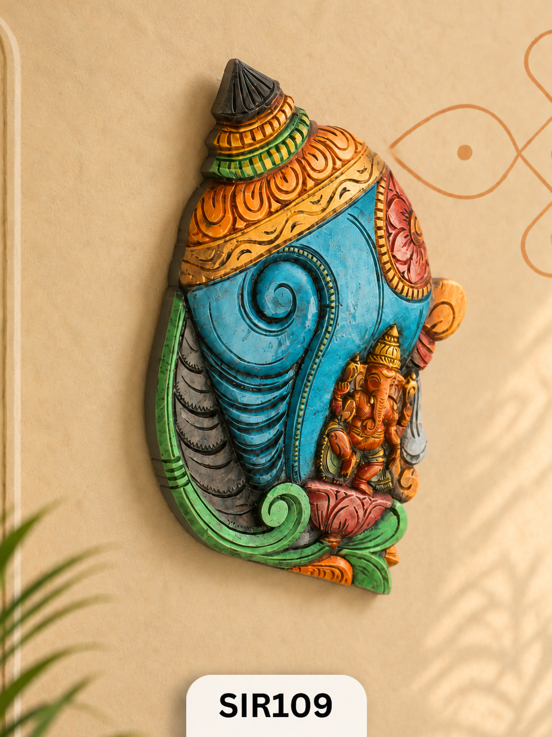 Handcrafted Wooden Ganesha Wall Hanging  Premium Shankh Vinayak Wall Decor | H:19 W:14