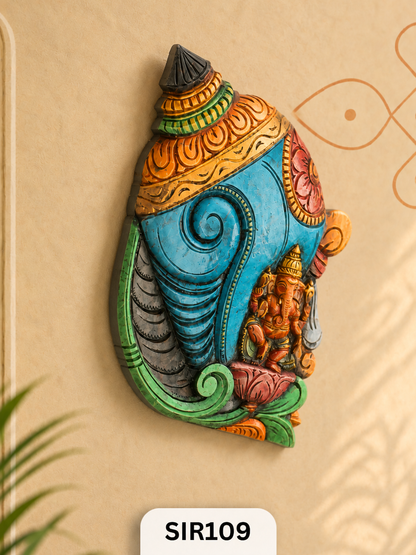Handcrafted Wooden Ganesha Wall Hanging  Premium Shankh Vinayak Wall Decor | H:19 W:14