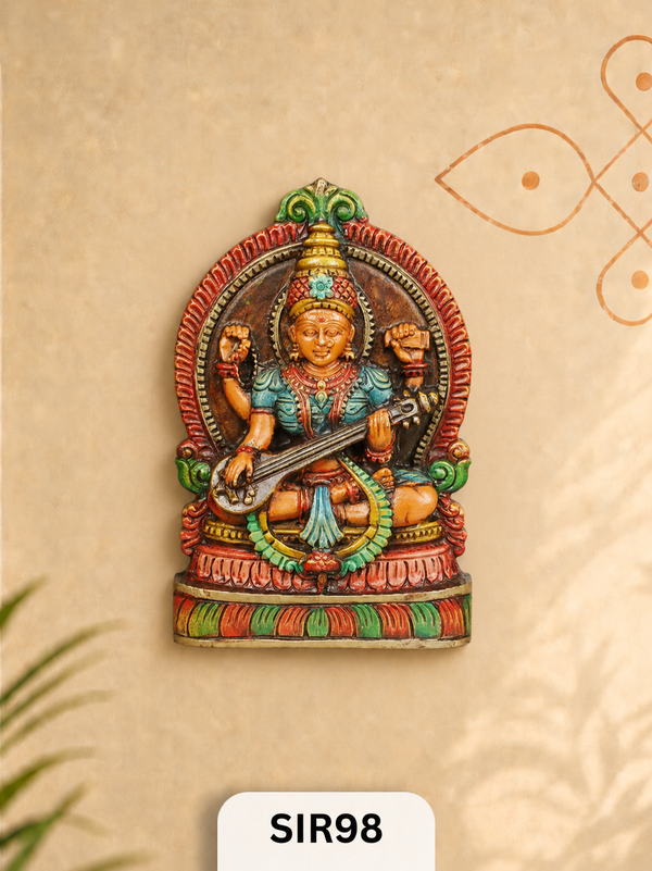 Aaradhya Veena Saraswati Heritage Wooden Idol | Handcrafted Divine Wall & Table Decor | H:12 Inch W:8 Inch