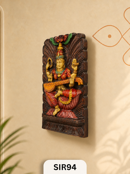 Eternal Wisdom Wooden Saraswati Plaque | H:12 Inch W:8 Inch