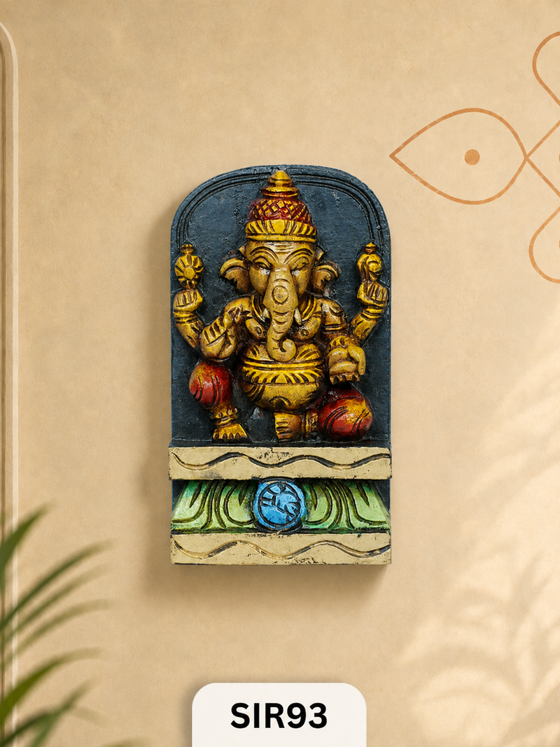Artisan Wooden Lord Ganesha Wall Panel Handcrafted Spiritual Decor | H:9 Inch W:4.5 Inch