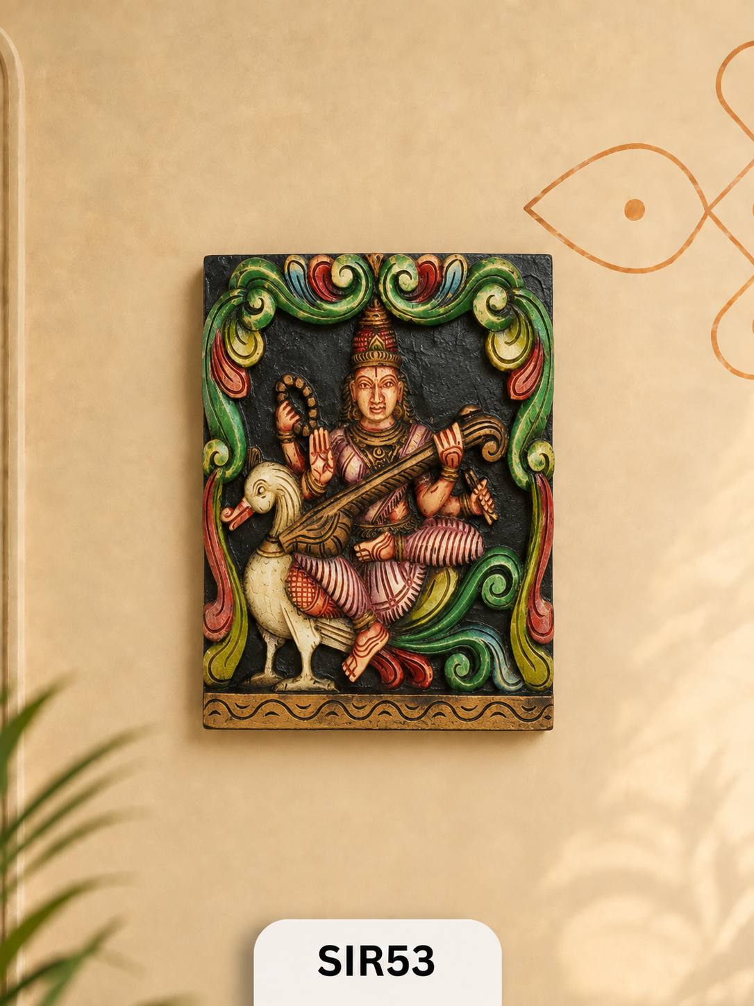 Wooden Goddess Saraswathi Statue - Height 12" Inch, Width 12"Inch
