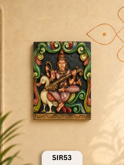 Wooden Goddess Saraswathi Statue - Height 12" Inch, Width 12"Inch
