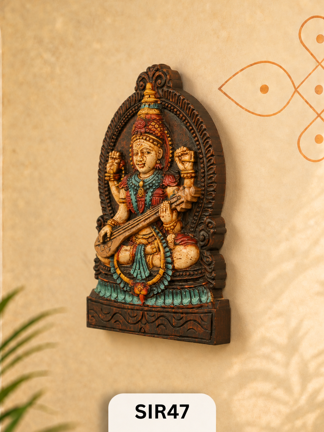 Wooden Goddess Saraswathi Statue - Height 12" Inch, Width 8"Inch