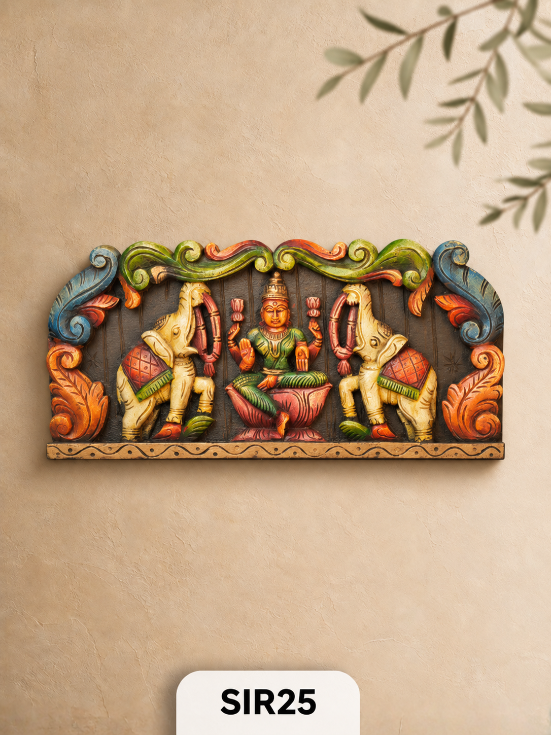 Wooden Goddess Lakshmi With Elephants Panel - Height 11" INCH, WIDTH 24"INCH