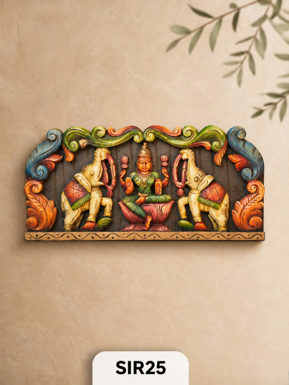 Wooden Goddess Lakshmi With Elephants Panel - Height 11" INCH, WIDTH 24"INCH