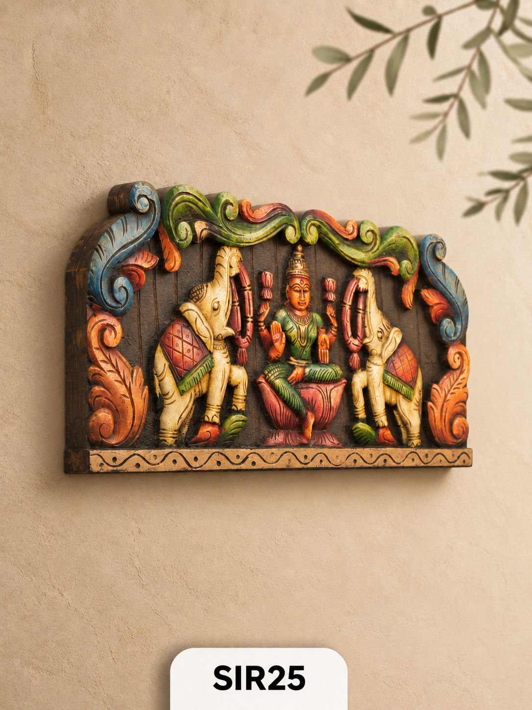 Wooden Goddess Lakshmi With Elephants Panel - Height 11" INCH, WIDTH 24"INCH