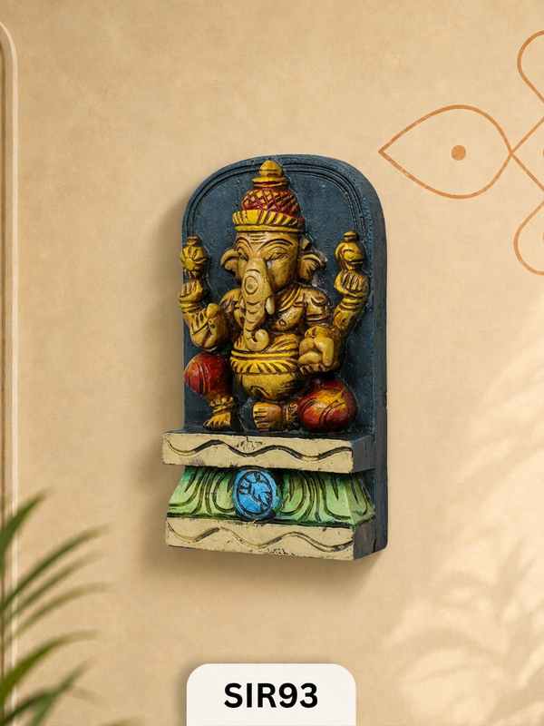 Artisan Wooden Lord Ganesha Wall Panel Handcrafted Spiritual Decor | H:9 Inch W:4.5 Inch