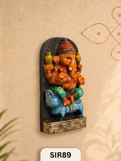 Premium Wooden Ganesha Wall Hanging Hand-Painted Spiritual Decor | H:9 Inch W:4.5 Inch