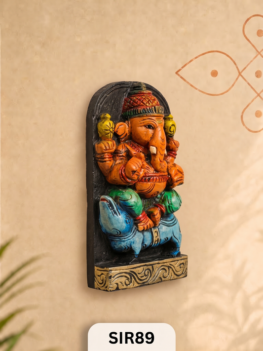 Premium Wooden Ganesha Wall Hanging Hand-Painted Spiritual Decor | H:9 Inch W:4.5 Inch