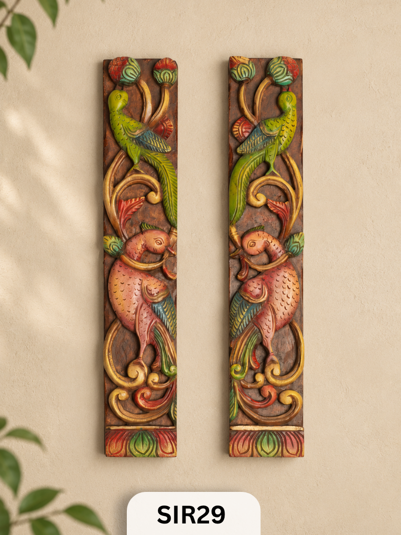 Wooden Peacock Wall Panel Pair - Height 20.5" INCH, WIDTH 3.5"INCH