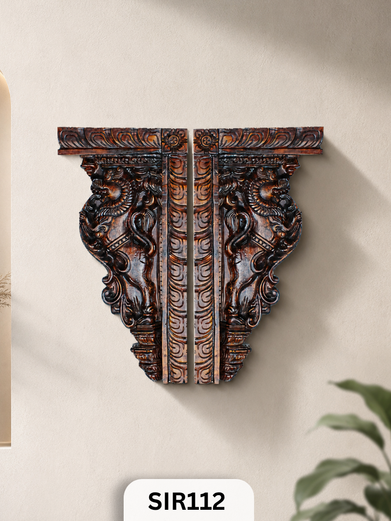 Royal Yali Wooden Wall Corbel – Heritage Carved Decor Set  | Width: 10 IN Hight: 20 IN Thickness : 1.8 IN