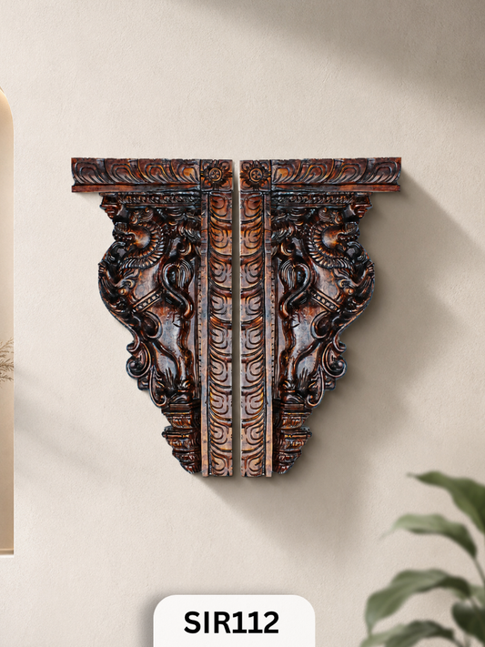 Royal Yali Wooden Wall Corbel – Heritage Carved Decor Set  | Width: 10 IN Hight: 20 IN Thickness : 1.8 IN