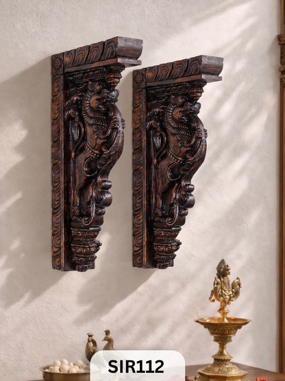Royal Yali Wooden Wall Corbel – Heritage Carved Decor Set  | Width: 10 IN Hight: 20 IN Thickness : 1.8 IN