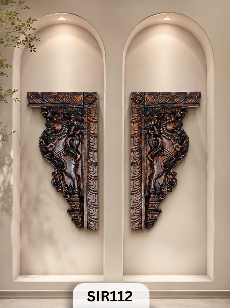 Royal Yali Wooden Wall Corbel – Heritage Carved Decor Set  | Width: 10 IN Hight: 20 IN Thickness : 1.8 IN