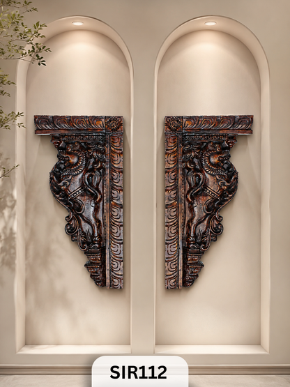 Royal Yali Wooden Wall Corbel – Heritage Carved Decor Set  | Width: 10 IN Hight: 20 IN Thickness : 1.8 IN