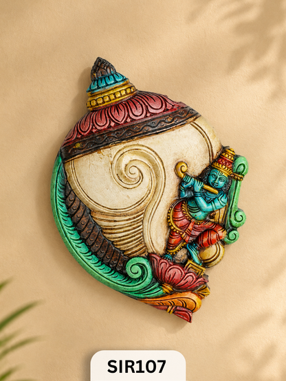 Premium Handcrafted Krishna Shankh Wooden Wall Hanging  Jodhpur Hand-Painted Wall Decor | W:11.5 H:16
