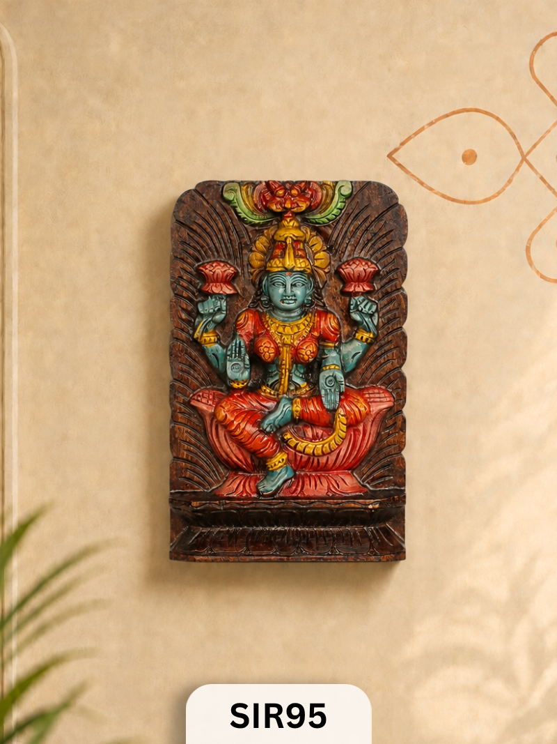 Mahalakshmi Blessings Wooden Wall Sculpture - Divine Wall Art | H:12 Inch W:8 Inch