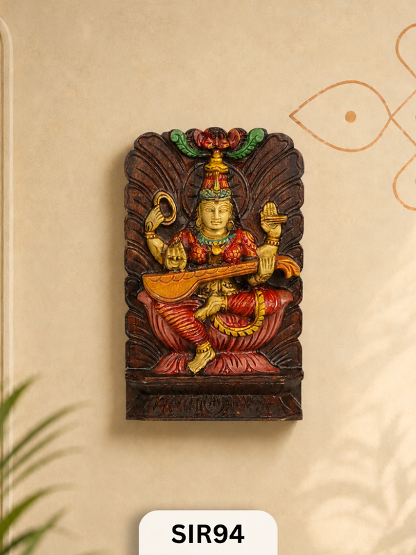 Eternal Wisdom Wooden Saraswati Plaque | H:12 Inch W:8 Inch