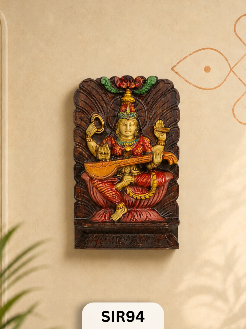 Eternal Wisdom Wooden Saraswati Plaque | H:12 Inch W:8 Inch