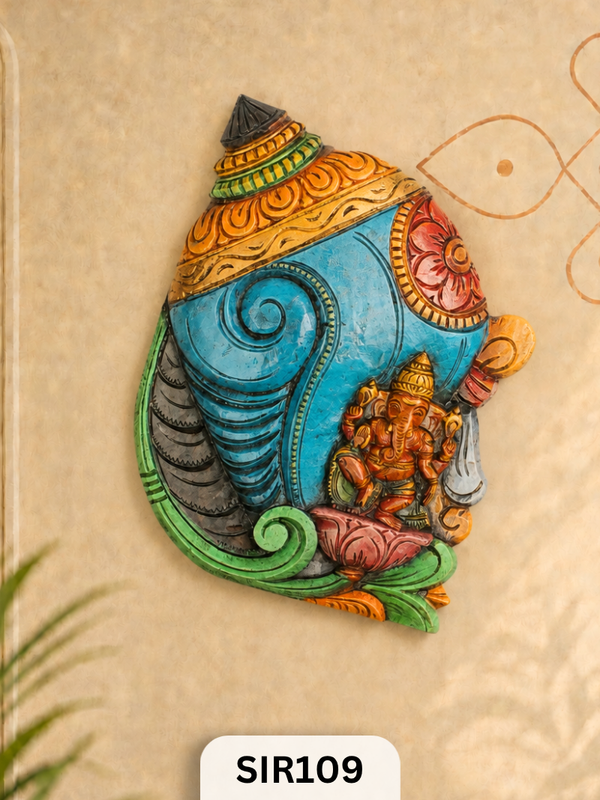 Handcrafted Wooden Ganesha Wall Hanging  Premium Shankh Vinayak Wall Decor | H:19 W:14