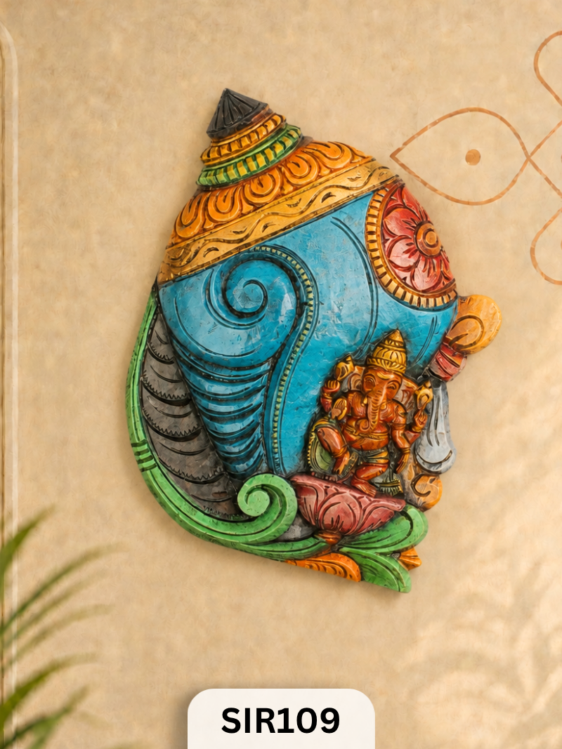 Handcrafted Wooden Ganesha Wall Hanging  Premium Shankh Vinayak Wall Decor | H:19 W:14