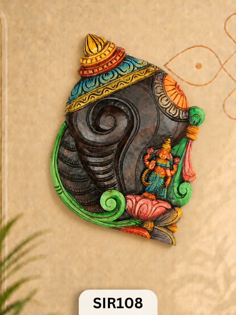 Handcrafted Lakshmi Shankhanidhi Wooden Wall Decor  Sacred Shankh Wall Hanging for Home & Pooja Room | H:19 W:14
