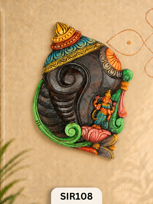 Handcrafted Lakshmi Shankhanidhi Wooden Wall Decor  Sacred Shankh Wall Hanging for Home & Pooja Room | H:19 W:14