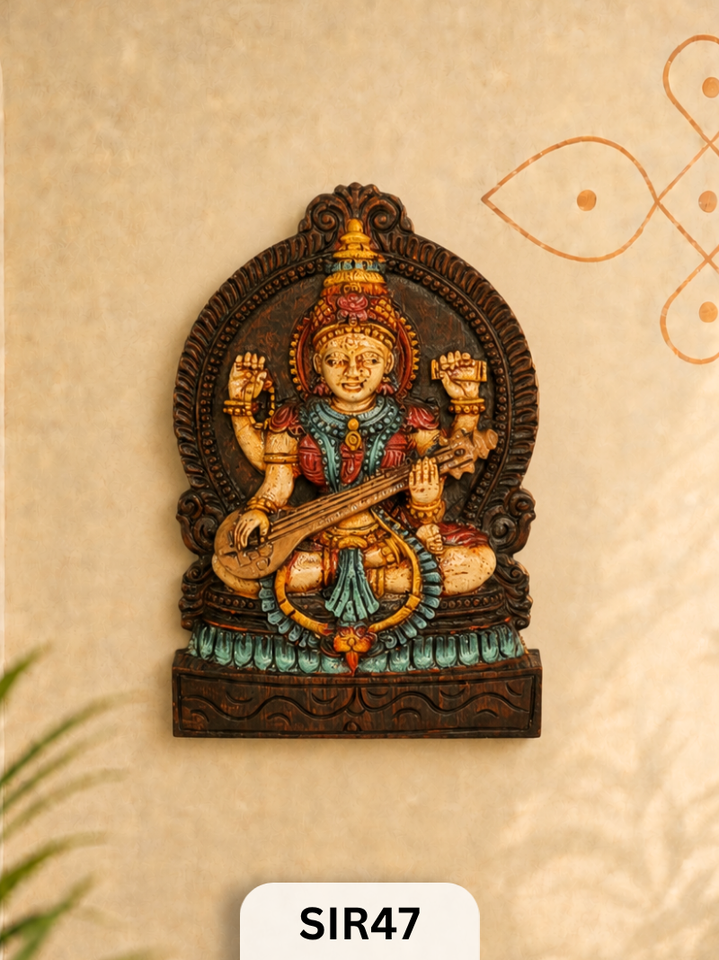 Wooden Goddess Saraswathi Statue - Height 12" Inch, Width 8"Inch