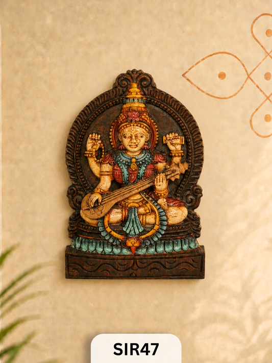 Wooden Goddess Saraswathi Statue - Height 12" Inch, Width 8"Inch