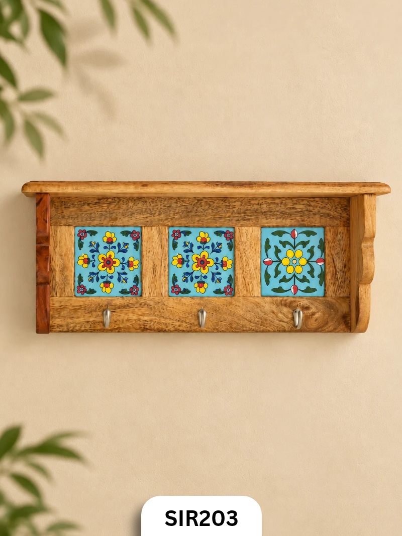 Walnut Handcrafted Wooden Key Rack with Floral Tiles | 38*11.5*15 Cms ...