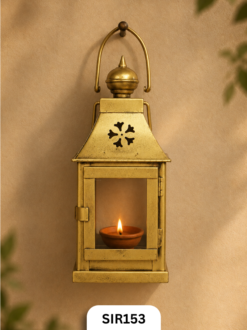 Big Iron Perforated Hanging Lanter | Brass Coated | H:12 Inch W:5.5 Inch